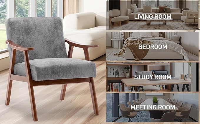 Mid-Century Modern Chair Living Room Chair with Solid Wood Frame Accent Chair Extra-Thick Backrest Wingback Chair for Bedroom Reading Room Living Room Lounge Chair Indoor (Grey)