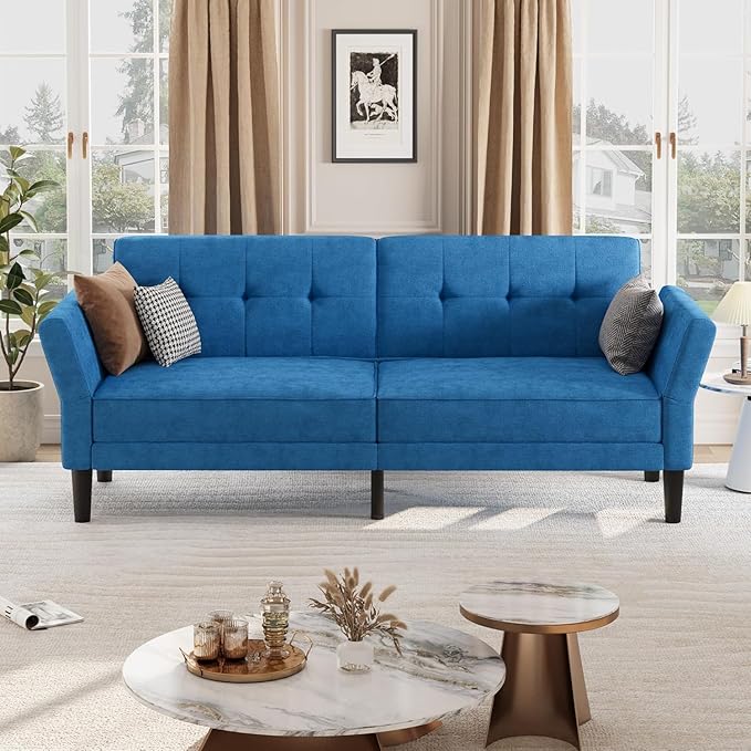 GarveeHome 89 Futon Sofa Bed Convertible Sleeper Sofa with Adjustable Backrest &amp Armrest Modern Futon Couch Bed Loveseat Sleeper for Living Room Bedroom Apartments Blue