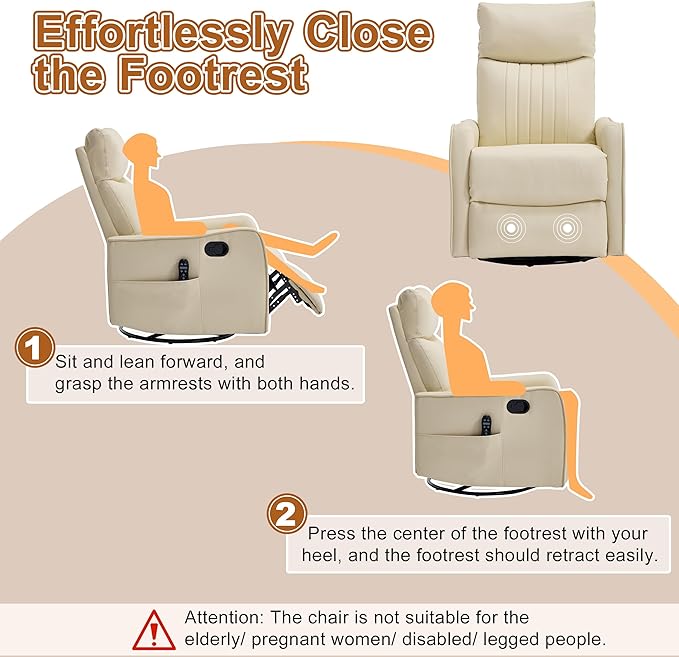Manual Swivel Rocker Recliner Chair for Adults Overstuffed Glider Chair for Nursery with Massage and Heat Living Room Reclining Chair Faux Leather Light Yellow