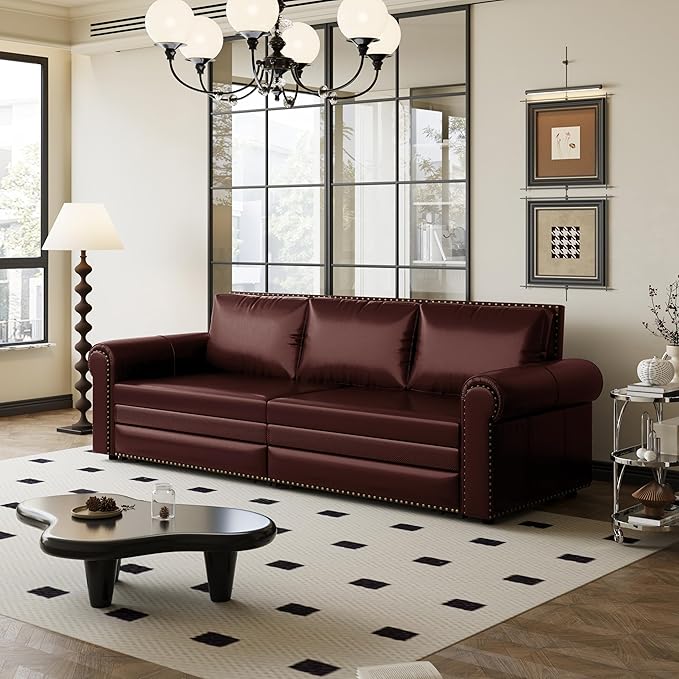 93.7 King Pull Out Sofa Bed Faux Leather Sleeper Sofa Couch 3 in 1 Convertible Futon Couches for Living Room Small Space Apartment Office Bedroom Modern Rivet Armrest Burgundy