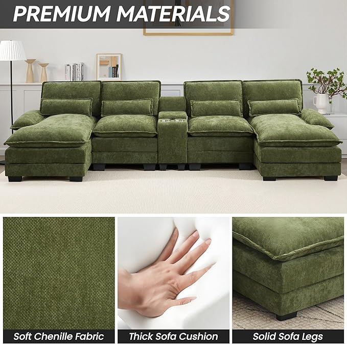 125 U Shaped Cloud Modular Sectional Couch for Living Room Small Comfy Chenille Sofa with Double Chaise Lounge Storage Central Console Cup Holders USB PortGreen