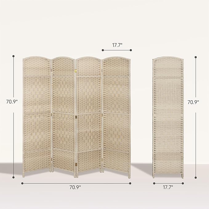 HOMCOM Room Divider 6 Ft 4 Panel Folding Privacy Screen Hand-Woven PP Wall Partition with Pine Wood Frame Freestanding Room Separator for Bedroom Home Office No Assembly Washed Oak