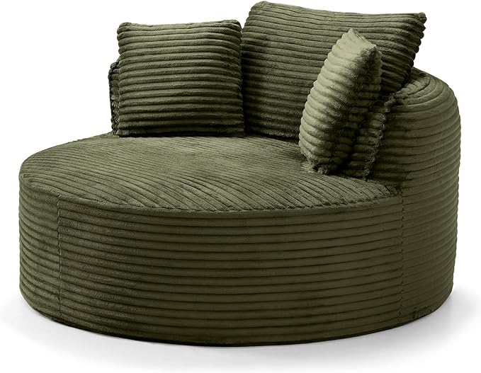 Antetek 53.5-inch Round Chair Modern Accent Corduroy Comfy Deep Seat Boneless Foam Floor Single Circle Chaise Sofa Chair with 3 Pillows for Living Room Bedroom Office No Assembly Required Green