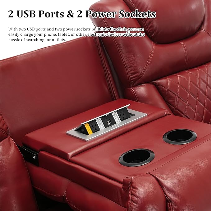 Leather Reclining Sofa SetHome Theater Seating with Center ConsoleFlipped Middle Backrestand LED Light Strip3 Seater for Living RoomOfficeHome TheaterRV (Red)