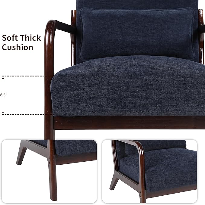 Mid Century Modern Accent Chair with Solid Wood Frame Comfy Reading Lounge Chair with Detachable Lumbar Pillow for Living Room Bedroom Office Vintage Small Wooden Armchair for Waiting Room (Blue)
