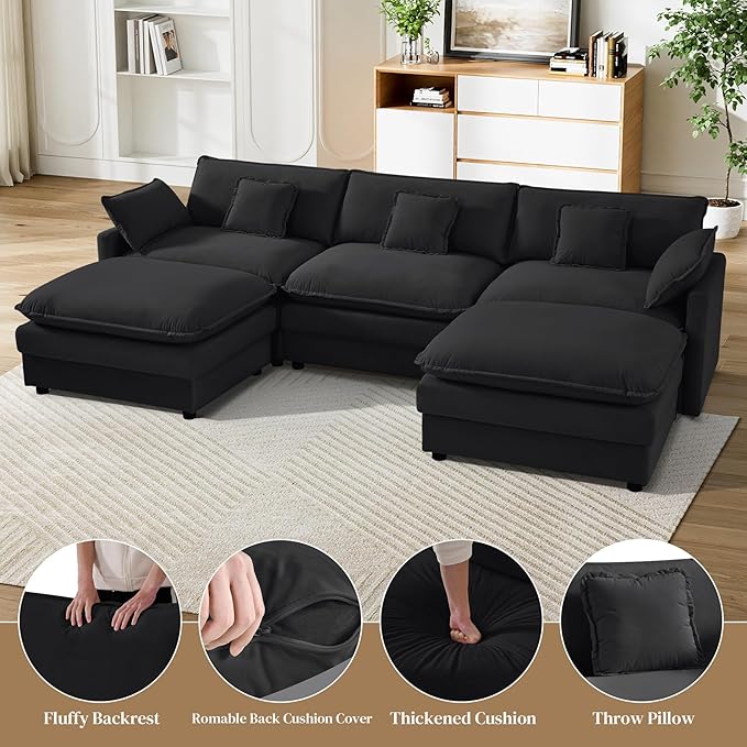 Cloud Couch Sectional Modular Sofa114.4 Comfy Black Sectional Couches for Living Room Upholstered U Shape 3 Seat Deep Cloud Sofa with Movable Ottoman DIY Combination Velvet Black