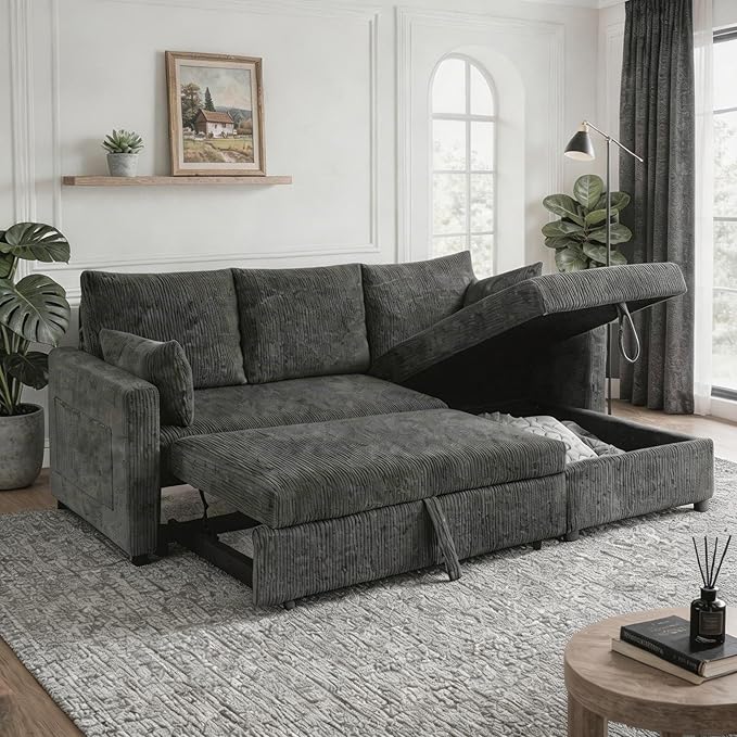 Sectional Sleeper Sofa with Pull Out Bed LShape Convertible Sofa Bed Couch with Storage Chaise 3 in 1 Pull Out Sofa Bed with 3 Seats for Living RoomApartment Black 85Inch