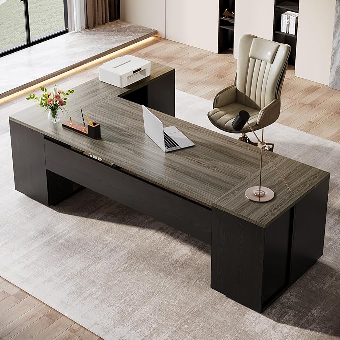 Tribesigns 85.8-Inch L-Shaped Executive Office Desk with File Drawers &amp Storage Cabinet Professional Corner Computer Desk Extra Large Business Workstation with Adjustable Shelves (Gray&ampBlack)