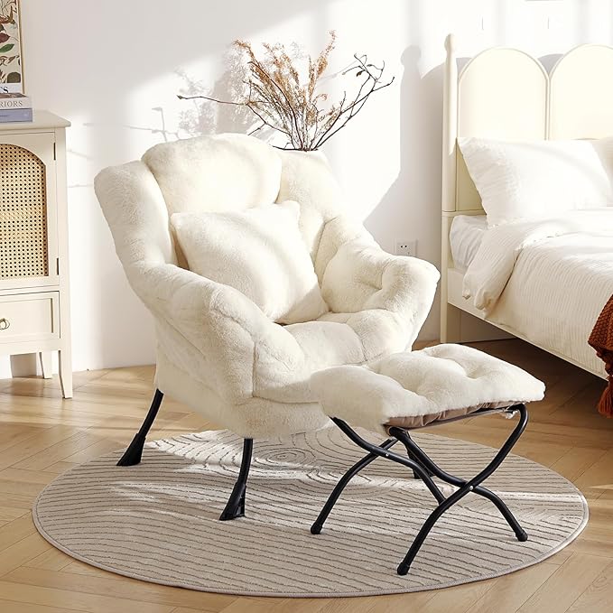 Lazy Chair with Ottoman Large Lvory Accent Chair with Ottoman and FA Throw Pillow Comfy Plush Reading Chair for Living Room Bedroom Dorm Room Office Apartment Relaxing Use