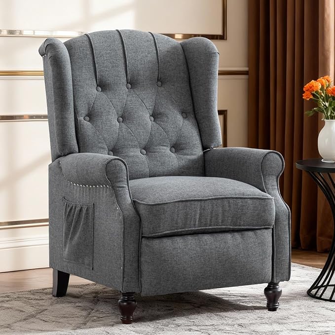 BINGTOO Push Back Recliner Chair with Massage and Heat Mid Century Tufted Fabric Wingback Chair with Rivet Decoration for Living Room Bedroom Gray 1 Chair