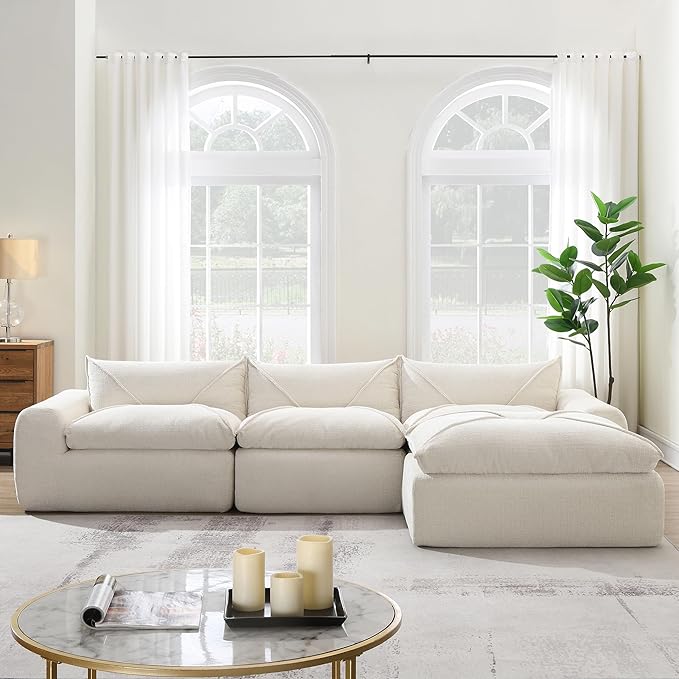 116'' Oversized Modular Sofa Fully Compressed 4 Seat Spacious Foam-Filled Sofa Bed for Living Room Free Combination Friendly Design L-Shaped Comfy Couches No Assembly Required (White-QJ88)