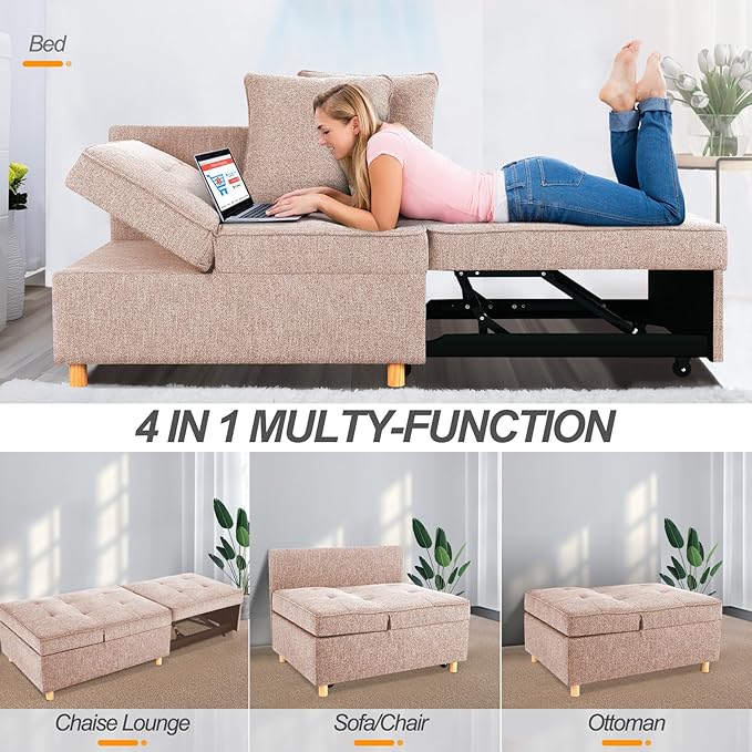 SEJOV 71 Convertible Couch Bed Brown Wood Loveseat Sofa Adjustable Couch Sleeper with Pull Out Bed Modern Linen Fabric Space-Saving Sofas for Living Room Apartment and OfficeLight Brown