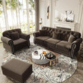 3 Piece Chesterfield Sofa and Chair with Ottoman Comfy 3 Seater Tufted Velvet Couch Set with Rolled Arms &amp 4 Pillows Mid Century Modern Couch and Chair and Ottoman Vintage Living Room Sets (Bro