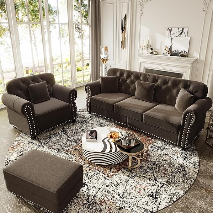 3 Piece Chesterfield Sofa and Chair with Ottoman Comfy 3 Seater Tufted Velvet Couch Set with Rolled Arms &amp 4 Pillows Mid Century Modern Couch and Chair and Ottoman Vintage Living Room Sets (Bro