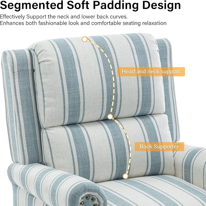 Recliner Chair Modern Pushback Armchair with Adjustable Backrest &amp Footrest for Bedroom Living Room (Blue StripeSet of 2)
