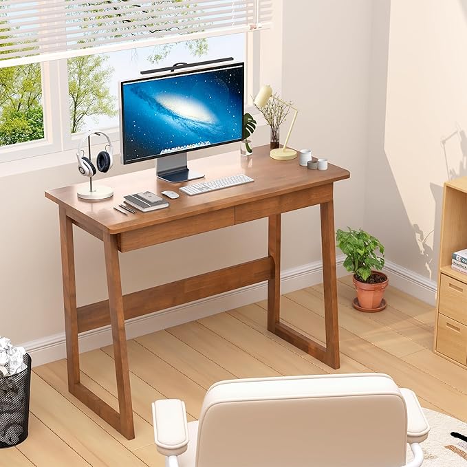 100% Solid Wood Writing Desk - Mid Century Modern Desk Home Office Desks with Drawers Walnut Vintage Desks Laptop Computer Work Study Table for Bedroom Living Room &amp Office