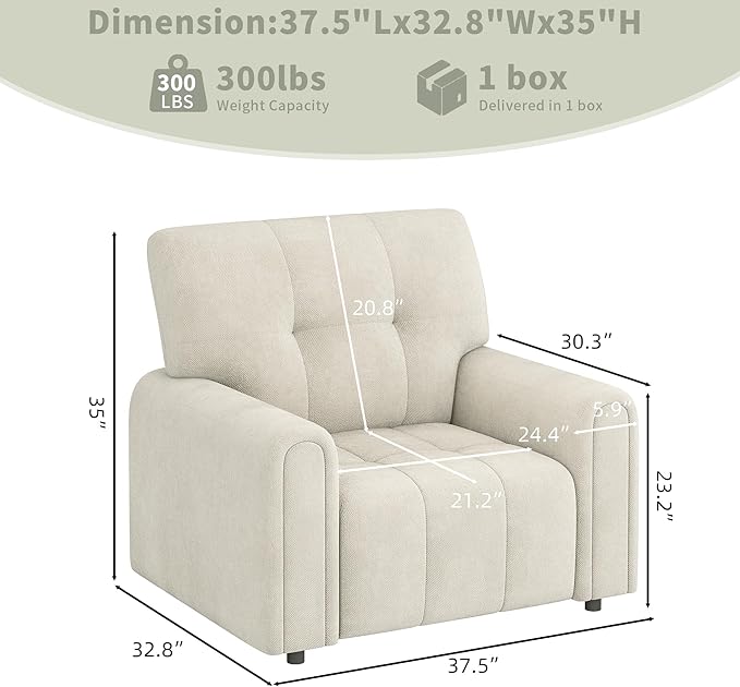 EJUNQ Mid-Century Oversized Accent ChairModern Upholstered Living Room ChairsWide Comfy Reading Chair for AdultsTraditional Single Couch Armchairs for Living Room/BedroomIvory