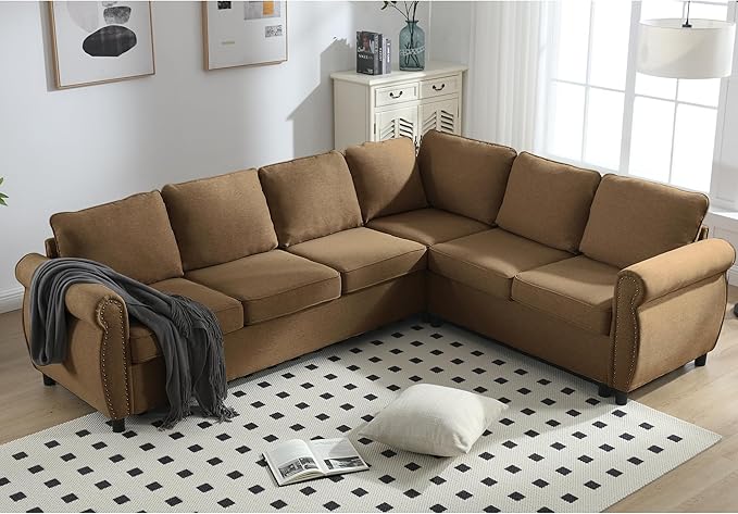 TTK 104 L-Shaped Convertible Sectional Sofa Bed 6-Seater with Pull Out Queen Size Daybed Memory Foam Mattress &amp Arms Easy Assembly Riveted Sofa for Living Room Brown