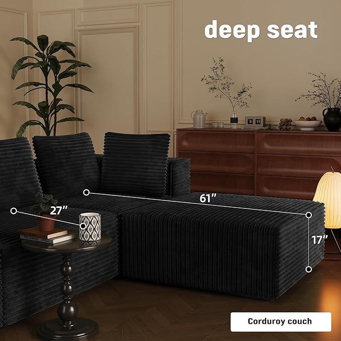106 Sectional Sofa Couch 4-Piece L-Shaped Cloud Couch with Chaise Modular Sofa for Living Room with Sturdy Metal Frame &amp 5 Pillows Boneless Fluffy Corduroy Deep Seat Couch(Black)