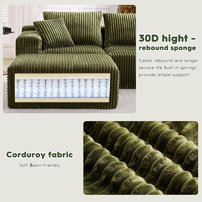 Ihanherry 139.37 Cloud Modular Sectional Couch Sofa with U-Shape Chaise and Big Ottoman with Deep Seat Upholstered Couches for Living RoomNo Assembly Required Plush Corduroy Fabric (Green)