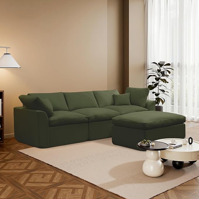 112 Cloud Sectional Couches for Living Room Modern Modular Sectional Sofa with Ottoman Boneless Cloud Couch with Comfy Deep Seats Fluffy Chenille L-Shape Sofa Couch for Living Room Green
