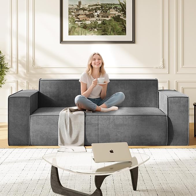 Mjkone 76 Modern Corduroy Sofa Couch Comfy 3 Seater Sofa with Deep Seat Couch for Living Room/Apartment/Office/Home No Legs/No Installation/Easy to Transport (Grey)