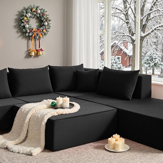 YINIX 140 Modular Sectional Sofa Couches Corduroy Sleeper Deep Seat Sofa Bed Comfy Cloud Couch for Living Room Floor Sofa 6 Piece Free Combination Compression No Assembly Required Obsidian