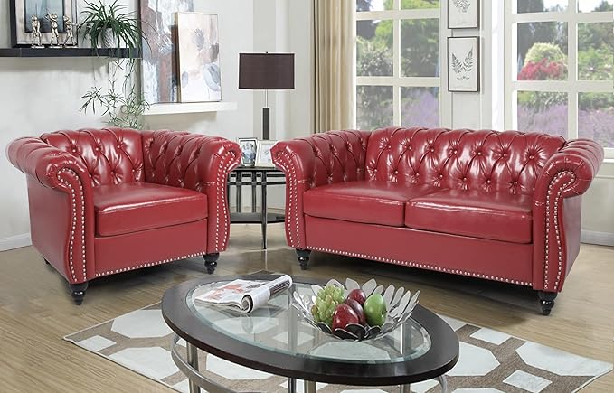 RARZOE 2 Pieces of Living Room Furniture Sofa SetsModern Contemporary Tufted Button Faux Leather Accent Club Chair&ampChesterfield Loveseat Sofas Set with Nailhead Trim Scroll Arms for HomeBurgundy