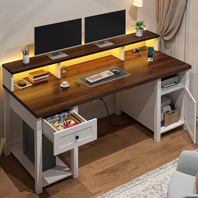 EnHomee Computer Desk with Drawers23 D Home Office Desk with StorageWooden Desk with Monitor StandFarmhouse Desk with Printer Space and Power Outlets for StudioWork StudyWriting&ampGamingWhit