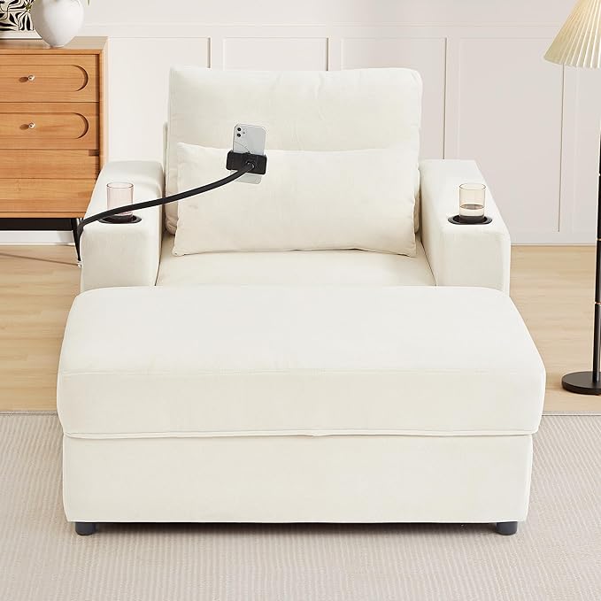 42.5 Oversized Armchair with Ottoman Storage Overstuffed Chair and a Half with Cup Holders &amp USB Port Chenille Accent Chairs for Bedroom Living Room Reading Phone Holder Side Pocket (Beige)
