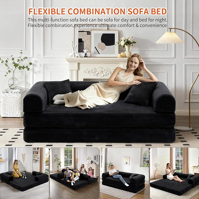 Convertible Sleeper Sofa Bed 1600lbs Weight Capacity Floor Sofa Bed with Fixed-Shape Frame Corduroy Foldable Couch for Small Space Lounge Mattress for Living Room Apartment Game Room (Black)