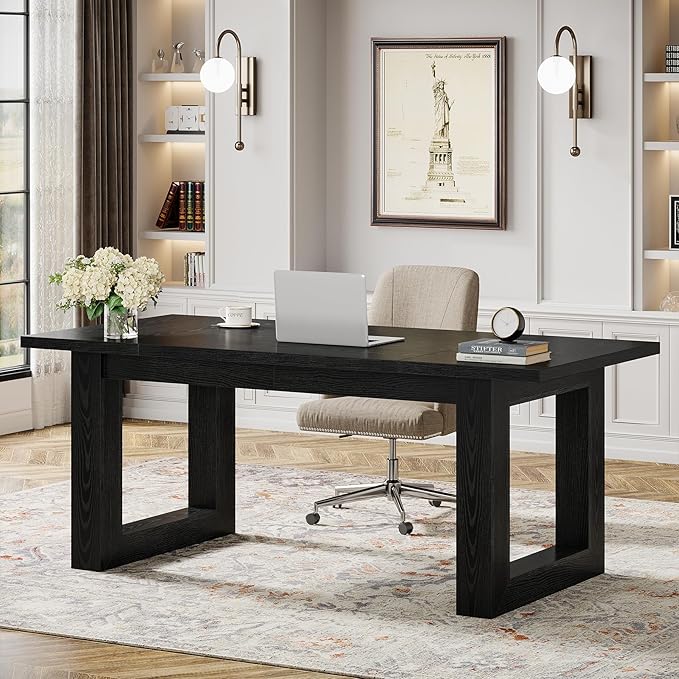 Tribesigns 63-Inch Executive Desk Modern Wood Office Desk Large Computer Table with Solid Wooden Base Work Desk for Home Office (Black)