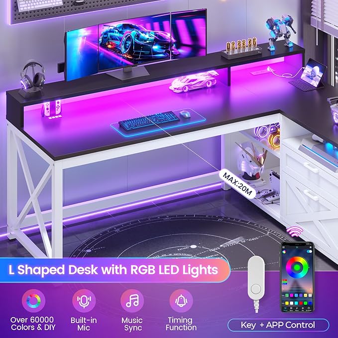 SEDETA Corner Computer Desk 55 L Shaped Gaming Desk with Storage Drawers and Power Outlet Farmhouse Corner Gaming Desk with Storage Shelves and LED Lights for Home Office Black