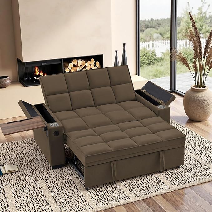 65'' Convertible Sleeper Sofa BedExtra Thick Cushion Polka dot Velvet Pull Out Futon Couch with Storage handrails &amp Rotating Side TablesConvertible Sofa Couch for Living RoomRV (07coffee)