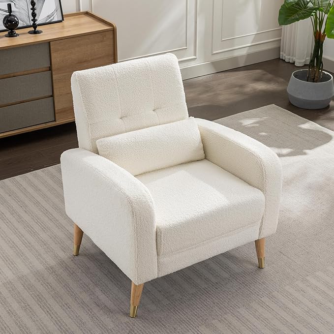 Dolonm Mid-Century Modern Accent Chair Upholstered Armchair Living Room Chair Comfy Single Sofa Chair with Sturdy Legs for Living Room Bedroom White