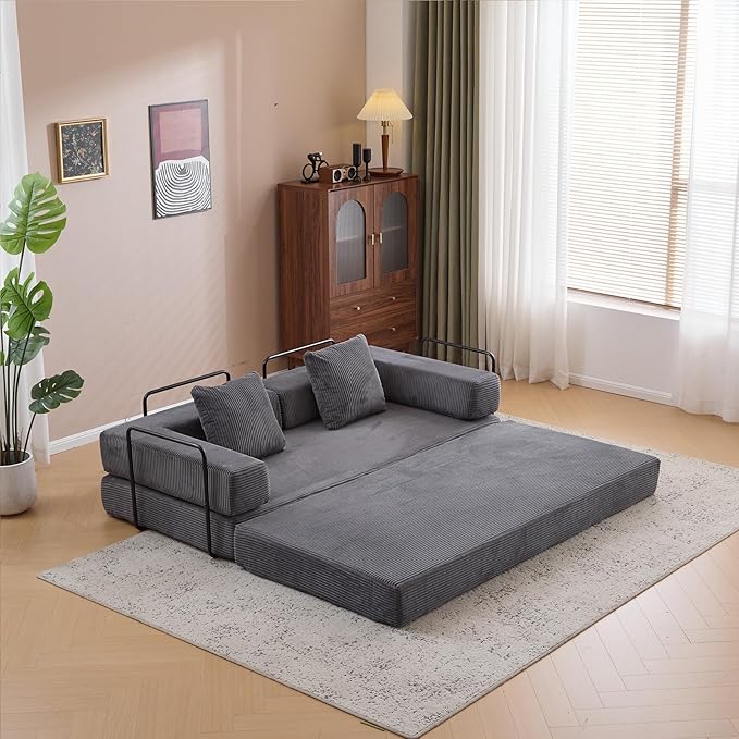 Folding Sofa Bed Convertible Sleeper Corduroy Floor Couch with Pillows Fold Out Couch King Size Bed Futon Couchs Foldable Memory Foam Mattress for Living Room Bedroom Playroom (Dark Grey)