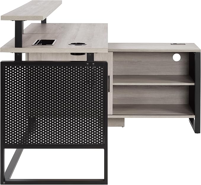 OSP Home Furnishings Ace Contemporary Modern Home Office Desk with Shelf L-Shape with Grey Taupe Finish