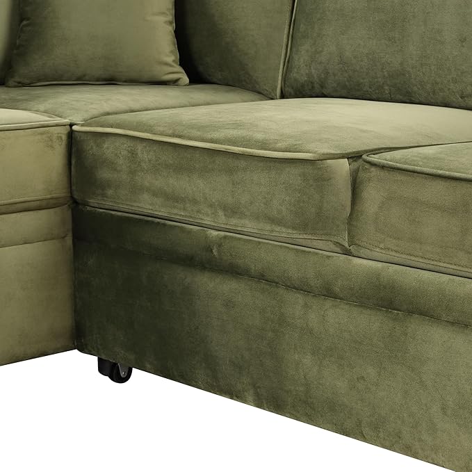 Linen L-shape Reversible Sleeper Sectional Sofa Couch with Storage Ottoman 2 in 1 Pull Out Convertible Sofa Bed with Cup Holders and USB Charging Port for Living Room Apartment Office (Green-LI)