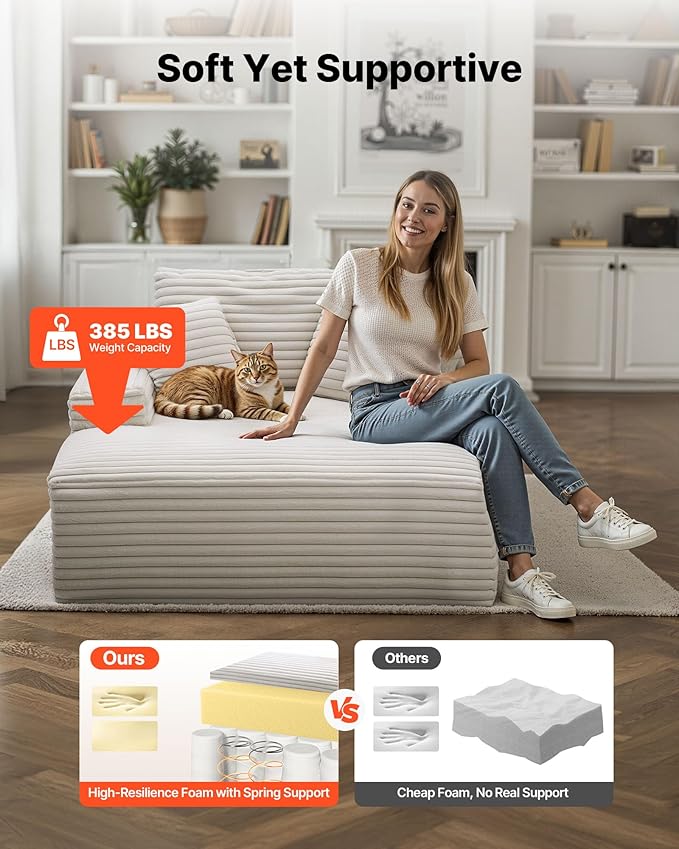 VEVOR Oversized Chaise Lounge Chair 54 Boneless Chaise Lounge Indoor Modern Upholstered Reading Chair with Throw Pillows &amp Armrests Sofa Couch Deep Seat Sleeper for Living Room Bedroom Beige