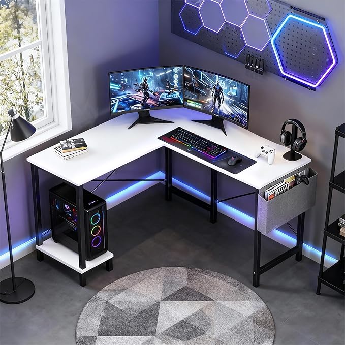 OLIXIS L Shaped Desk 50-Inch Office Computer Gaming Desks Corner PC Table with Side Bag and Reversible Shelf for Home Work Study Writing White