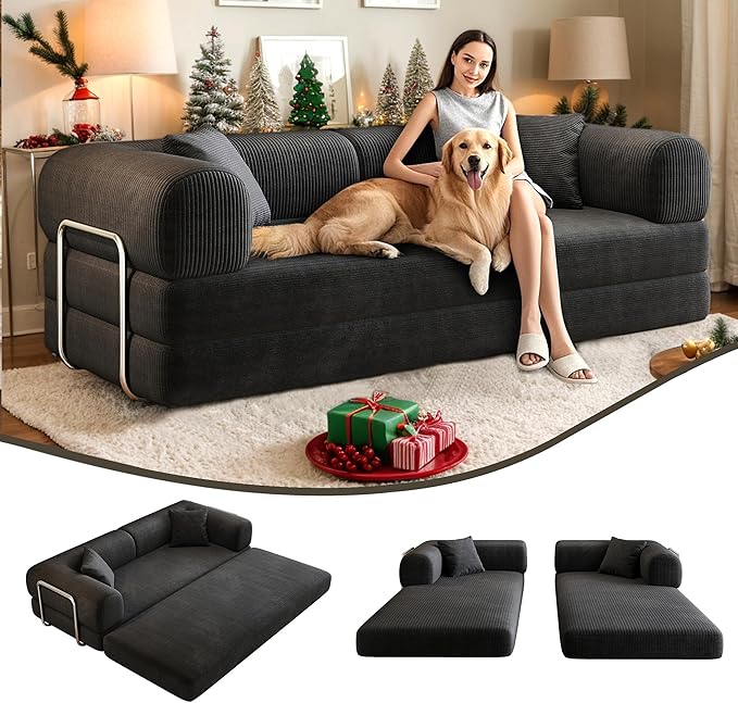 78.8 Modern Convertible Floor Sleeper Sofa Bed Corduroy Modular Boneless Couch with Silver Fixed-Shape Frame No Assembly Futon Cloud Loveseat with Pull-Out Bed for Living Room (Black)