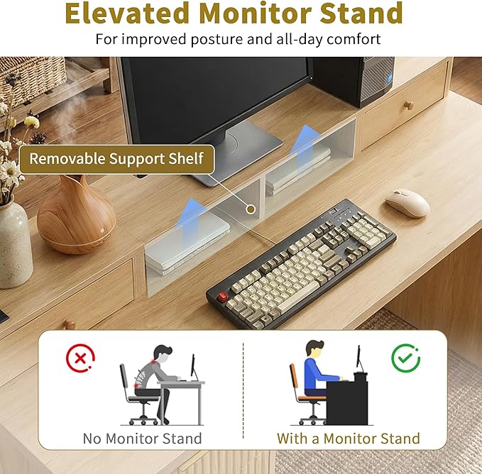 L Shaped Home Office Desk with Drawers Wood Corner Computer Desk with File Cabinet and Storage Shelf Executive Work Study Writing Table with Power Outlets and Monitor Stand 59 Inch Natural Wood