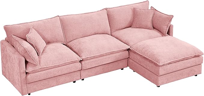 Cloud Couch Modular Sectional Sofa 102-Inch L-Shaped Chenille Fabric 3-Seater with Movable Ottoman Living Room Couch Set with Memory Foam Cushions (Pink L)