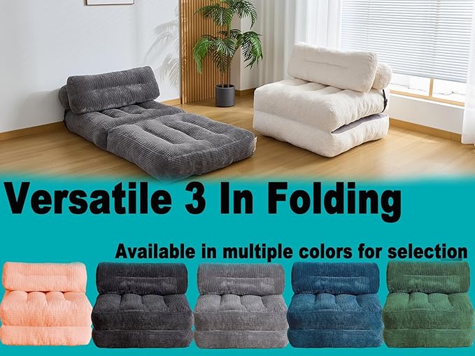 Folding Sofa Bed Convertible Sleeper Chair Couch Bed Faux Rabbit Fur for Adults with Back Support Floor Couch Comfy Floor Sofa for Living Room Bedroom Ivory Single