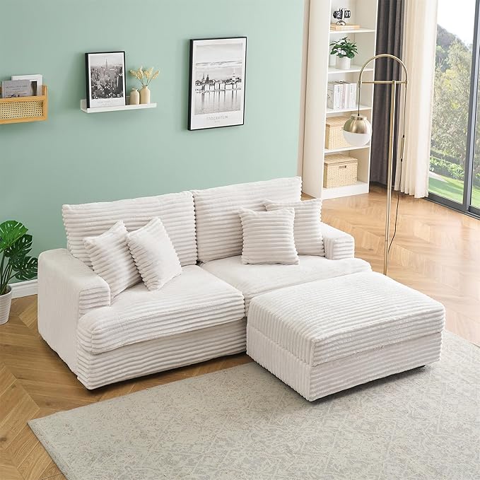 82 Inches Corduroy Square Arms Loveseat Sofa with One Storage Ottoman Comfy Deep Seat Modular Sectional Futon Couch with 4 Throw Pillows for Living Room Bedroom Office (White)