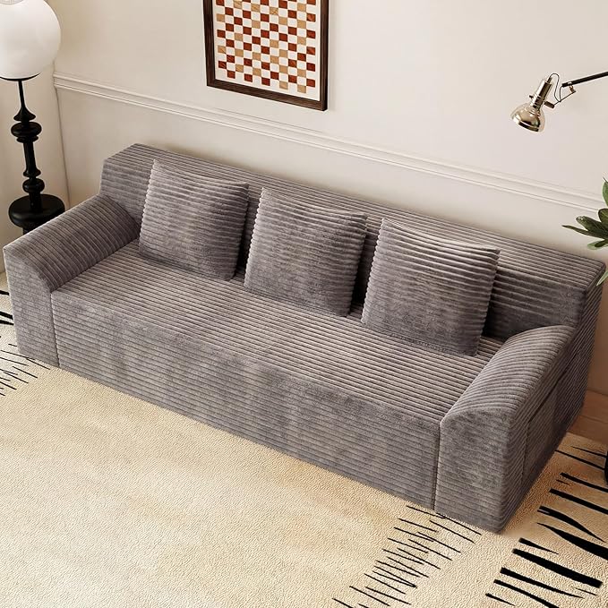 71Cloud Loveseat SofaModern 2-Seater Boneless Couch with 3Pillows &amp Side PocketSoft Corduroy LoveseatCompressed FoamDeep SeatNo Assembly for Living RoomBedroomApartment(Tilted Armrest Cam