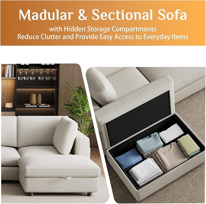 OUYESSIR 163U Shaped Cloud Couch SectionalsLarge Comfy Beige White Sectional Couches for Living RoomOversized Fluffy Modular SectionalChenille Big 6 Seat Sofa Set USB Port Central Console Ottoman