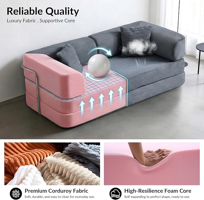 Modular Floor Sofa Bed for Small Apartments &amp Renters Stable Fixed-Shape Support Wide Guest Sleeper No Assembly Corduroy (Dark Gray) | 2-in-1 pillow quilts No assembly needed Medium-firm sup