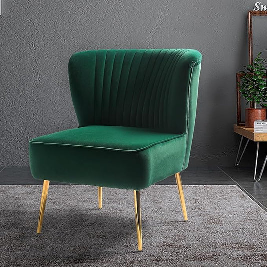 HULALA HOME Velvet Accent Chair Modern Upholstered Cute Side Chair with Gold Metal Legs Armless Wingback Slipper Chair Comfy Living Room Chair for Bedroom Guest Room VanityGreen