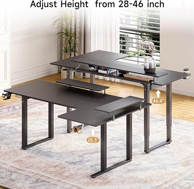 L Shaped Electric Standing Desk 71x43'' Computer Desks with 2 Monitor Shelves Dual Motor and Memory Controller Gaming Corner Desk Adjustable Height from 28-46'' for Home Office Workstation Black